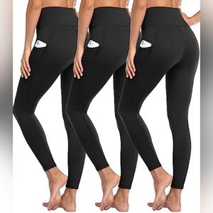3 Pack Black Leggings with Pockets - High Waisted Tummy Control  -L/XL